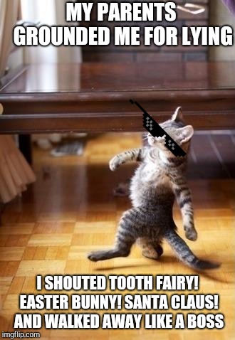 Cool Cat Stroll Meme | MY PARENTS GROUNDED ME FOR LYING; I SHOUTED TOOTH FAIRY! EASTER BUNNY! SANTA CLAUS! AND WALKED AWAY LIKE A BOSS | image tagged in memes,cool cat stroll | made w/ Imgflip meme maker