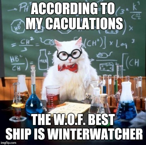 Chemistry Cat Meme | ACCORDING TO MY CACULATIONS; THE W.O.F. BEST SHIP IS WINTERWATCHER | image tagged in memes,chemistry cat | made w/ Imgflip meme maker