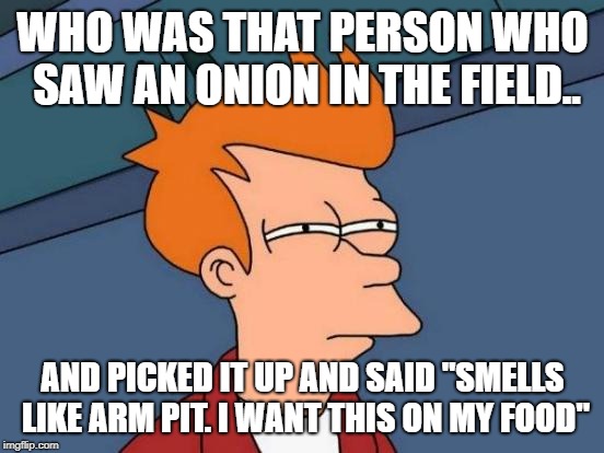 Deep Thoughts | WHO WAS THAT PERSON WHO SAW AN ONION IN THE FIELD.. AND PICKED IT UP AND SAID "SMELLS LIKE ARM PIT. I WANT THIS ON MY FOOD" | image tagged in memes,futurama fry | made w/ Imgflip meme maker