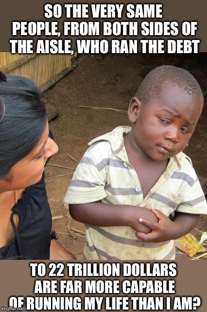 Third World Skeptical Kid | SO THE VERY SAME PEOPLE, FROM BOTH SIDES OF THE AISLE, WHO RAN THE DEBT; TO 22 TRILLION DOLLARS ARE FAR MORE CAPABLE OF RUNNING MY LIFE THAN I AM? | image tagged in memes,third world skeptical kid | made w/ Imgflip meme maker