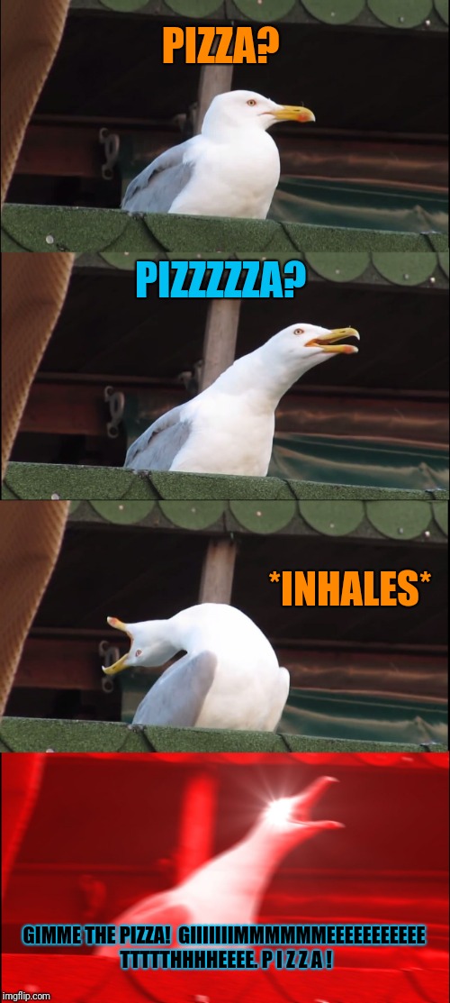 Inhaling Seagull Meme | PIZZA? PIZZZZZA? *INHALES* GIMME THE PIZZA!  GIIIIIIIMMMMMMEEEEEEEEEEE TTTTTHHHHEEEE. P I Z Z A ! | image tagged in memes,inhaling seagull | made w/ Imgflip meme maker