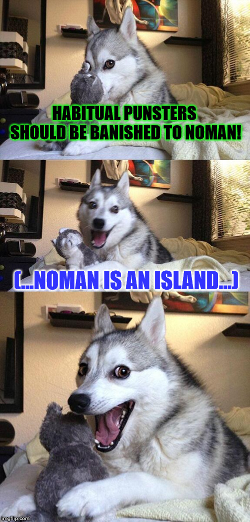Please, don't! I'll behave... (not!) | HABITUAL PUNSTERS SHOULD BE BANISHED TO NOMAN! (...NOMAN IS AN ISLAND...) | image tagged in memes,bad pun dog,island,bad joke,puns | made w/ Imgflip meme maker