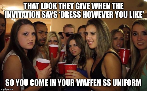 Awkward Party | THAT LOOK THEY GIVE WHEN THE INVITATION SAYS ‘DRESS HOWEVER YOU LIKE’; SO YOU COME IN YOUR WAFFEN SS UNIFORM | image tagged in awkward party | made w/ Imgflip meme maker