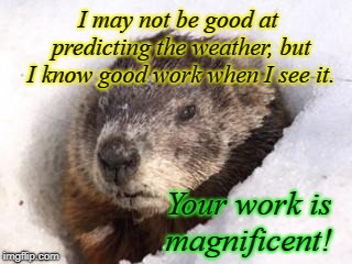 groundhog in snow | I may not be good at predicting the weather, but I know good work when I see it. Your work is magnificent! | image tagged in groundhog in snow | made w/ Imgflip meme maker