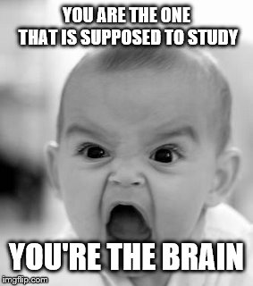 Angry Baby Meme | YOU ARE THE ONE THAT IS SUPPOSED TO STUDY YOU'RE THE BRAIN | image tagged in memes,angry baby | made w/ Imgflip meme maker
