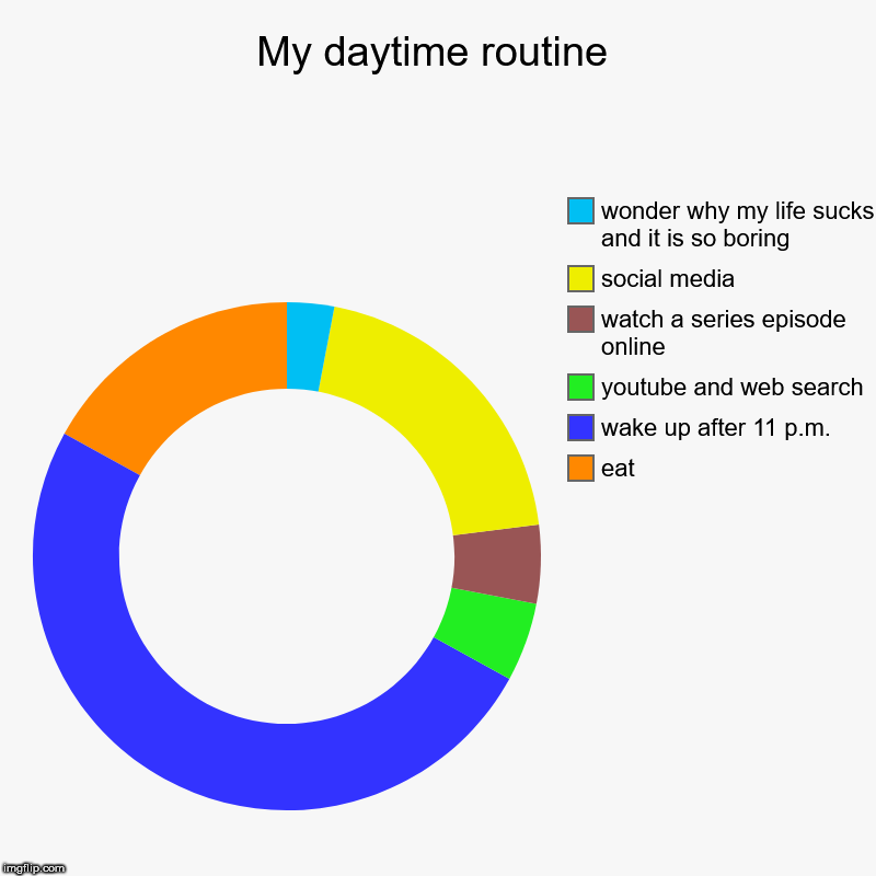 My daytime routine | eat, wake up after 11 p.m., youtube and web search, watch a series episode online, social media, wonder why my life suc | image tagged in charts,donut charts | made w/ Imgflip chart maker