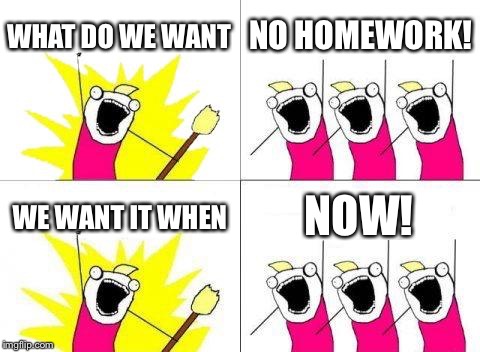 What Do We Want | WHAT DO WE WANT; NO HOMEWORK! WE WANT IT WHEN; NOW! | image tagged in memes,what do we want | made w/ Imgflip meme maker