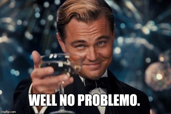 Leonardo Dicaprio Cheers Meme | WELL NO PROBLEMO. | image tagged in memes,leonardo dicaprio cheers | made w/ Imgflip meme maker