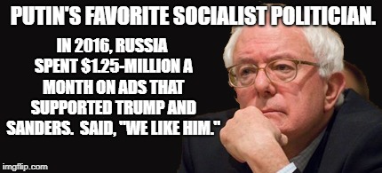 bernie sanders 2016 | IN 2016, RUSSIA SPENT $1.25-MILLION A MONTH ON ADS THAT SUPPORTED TRUMP AND SANDERS.  SAID, "WE LIKE HIM."; PUTIN'S FAVORITE SOCIALIST POLITICIAN. | image tagged in bernie sanders 2016 | made w/ Imgflip meme maker