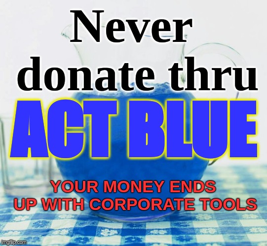 BLUE KOOL-AID | Never donate thru; ACT BLUE; YOUR MONEY ENDS UP WITH CORPORATE TOOLS | image tagged in blue kool-aid,democratic party,corporate greed,money | made w/ Imgflip meme maker