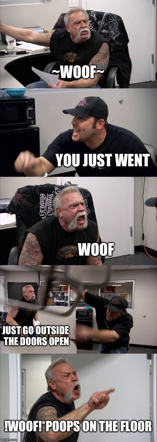 American Chopper Argument Meme | ~WOOF~; YOU JUST WENT; WOOF; JUST GO OUTSIDE THE DOORS OPEN; !WOOF!*POOPS ON THE FLOOR | image tagged in memes,american chopper argument | made w/ Imgflip meme maker