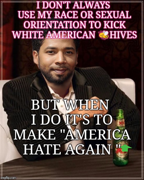 the most interesting bigot in the world | I DON'T ALWAYS USE MY RACE OR SEXUAL ORIENTATION TO KICK  WHITE AMERICAN 🐝HIVES; BUT WHEN I DO IT'S TO MAKE "AMERICA HATE AGAIN " | image tagged in the most interesting bigot in the world | made w/ Imgflip meme maker