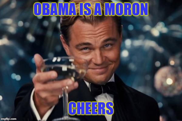 Leonardo Dicaprio Cheers Meme | OBAMA IS A MORON CHEERS | image tagged in memes,leonardo dicaprio cheers | made w/ Imgflip meme maker
