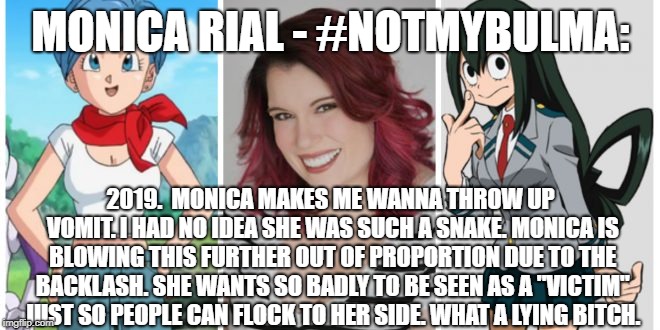 MONICA RIAL - #NOTMYBULMA:; 2019.  MONICA MAKES ME WANNA THROW UP VOMIT. I HAD NO IDEA SHE WAS SUCH A SNAKE. MONICA IS BLOWING THIS FURTHER OUT OF PROPORTION DUE TO THE BACKLASH. SHE WANTS SO BADLY TO BE SEEN AS A "VICTIM" JUST SO PEOPLE CAN FLOCK TO HER SIDE. WHAT A LYING BITCH. | made w/ Imgflip meme maker
