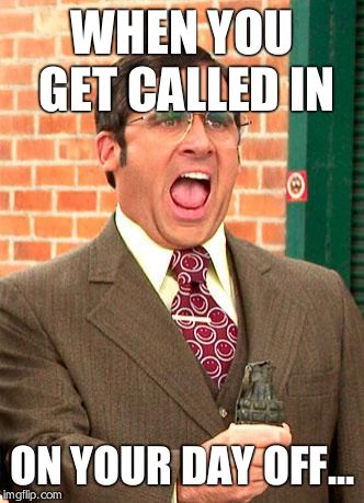 Brick Tamland |  WHEN YOU GET CALLED IN; ON YOUR DAY OFF... | image tagged in brick tamland | made w/ Imgflip meme maker