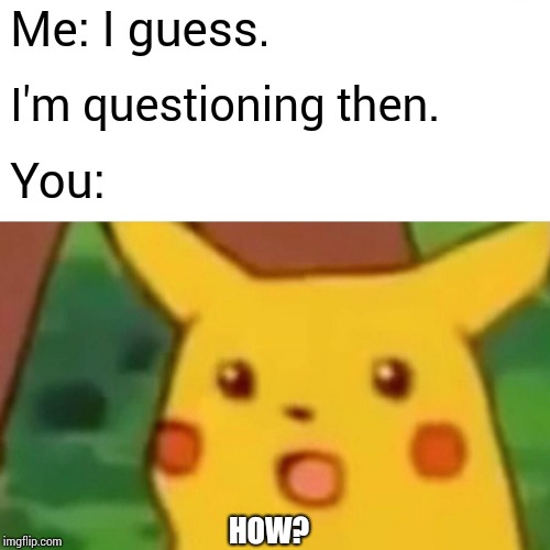 Surprised Pikachu Meme | Me: I guess. I'm questioning then. You: HOW? | image tagged in memes,surprised pikachu | made w/ Imgflip meme maker