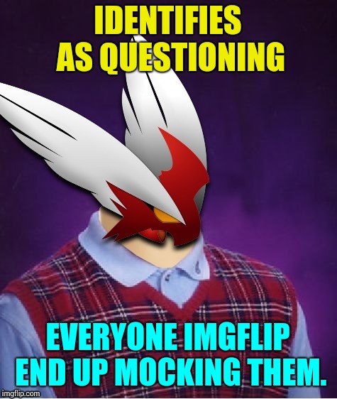 IDENTIFIES AS QUESTIONING EVERYONE IMGFLIP END UP MOCKING THEM. | image tagged in bad luck blaze the blaziken | made w/ Imgflip meme maker
