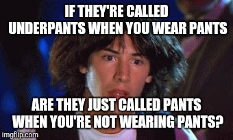 bill and ted | IF THEY'RE CALLED UNDERPANTS WHEN YOU WEAR PANTS; ARE THEY JUST CALLED PANTS WHEN YOU'RE NOT WEARING PANTS? | image tagged in bill and ted | made w/ Imgflip meme maker