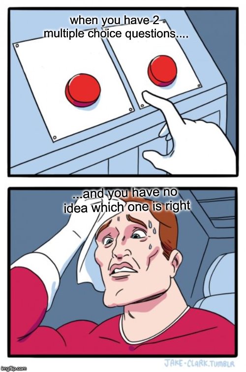 Two Buttons Meme | when you have 2 multiple choice questions.... ...and you have no idea which one is right | image tagged in memes,two buttons | made w/ Imgflip meme maker