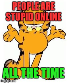 Garfield shrug | PEOPLE ARE STUPID ONLINE ALL THE TIME | image tagged in garfield shrug | made w/ Imgflip meme maker