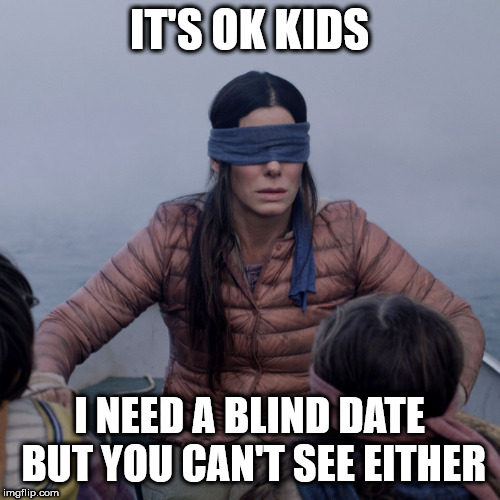 Bird Box Meme | IT'S OK KIDS I NEED A BLIND DATE BUT YOU CAN'T SEE EITHER | image tagged in bird box | made w/ Imgflip meme maker