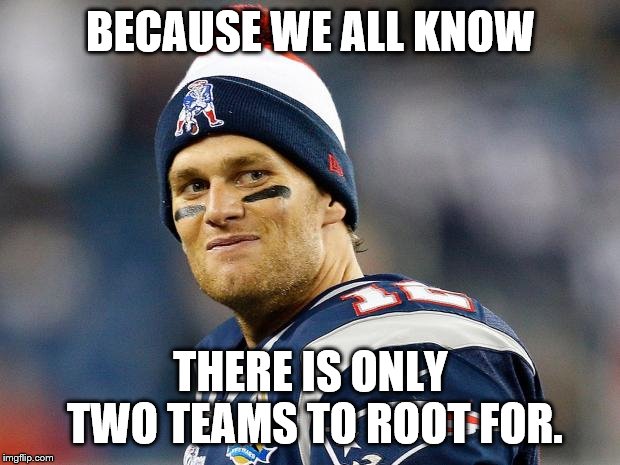 Tom Brady | BECAUSE WE ALL KNOW THERE IS ONLY TWO TEAMS TO ROOT FOR. | image tagged in tom brady | made w/ Imgflip meme maker