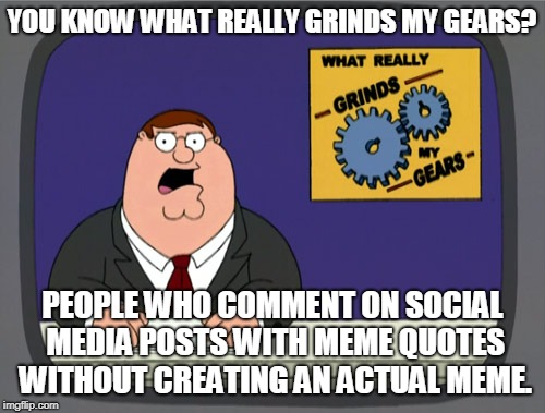 Stop it! | YOU KNOW WHAT REALLY GRINDS MY GEARS? PEOPLE WHO COMMENT ON SOCIAL MEDIA POSTS WITH MEME QUOTES WITHOUT CREATING AN ACTUAL MEME. | image tagged in memes,peter griffin news,meme deniers,meme abuse,fake memes,facebook | made w/ Imgflip meme maker