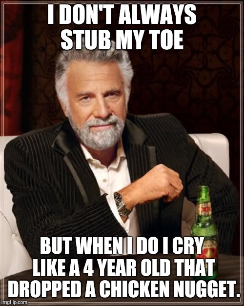 The Most Interesting Man In The World Meme | I DON'T ALWAYS STUB MY TOE; BUT WHEN I DO I CRY LIKE A 4 YEAR OLD THAT DROPPED A CHICKEN NUGGET. | image tagged in memes,the most interesting man in the world | made w/ Imgflip meme maker