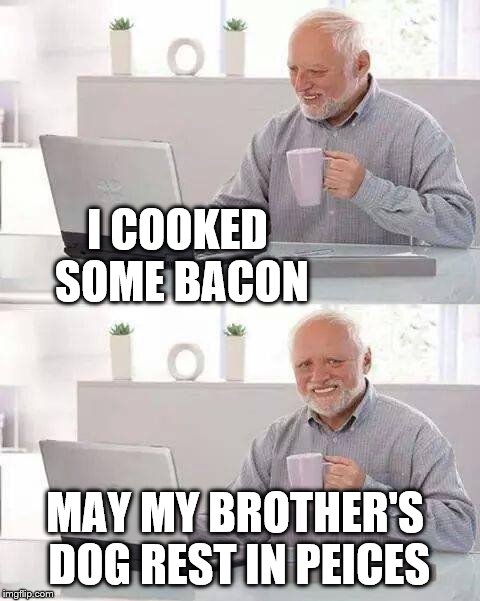 Hide the Pain Harold Meme | I COOKED SOME BACON; MAY MY BROTHER'S DOG REST IN PEICES | image tagged in memes,hide the pain harold | made w/ Imgflip meme maker