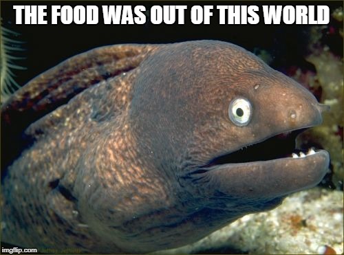 Bad Joke Eel Meme | THE FOOD WAS OUT OF THIS WORLD | image tagged in memes,bad joke eel | made w/ Imgflip meme maker