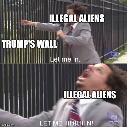 let me in | ILLEGAL ALIENS; TRUMP'S WALL; ILLEGAL ALIENS | image tagged in let me in | made w/ Imgflip meme maker