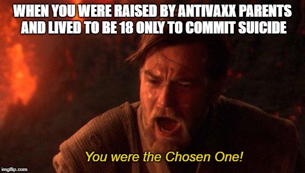 so few of them surpass 3 | WHEN YOU WERE RAISED BY ANTIVAXX PARENTS AND LIVED TO BE 18 ONLY TO COMMIT SUICIDE; You were the Chosen One! | image tagged in memes,you were the chosen one star wars | made w/ Imgflip meme maker