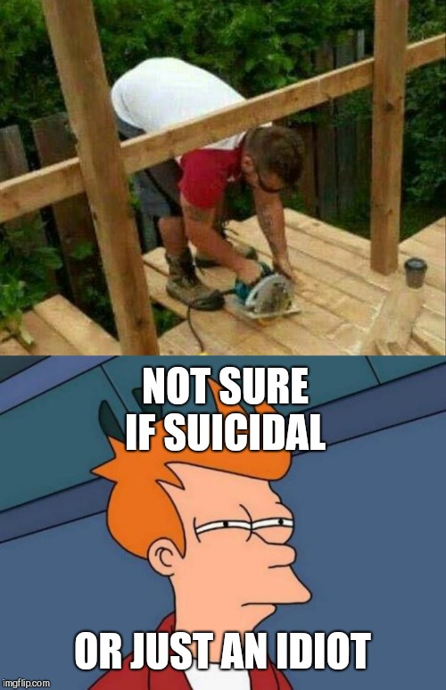 NOT SURE IF SUICIDAL; OR JUST AN IDIOT | image tagged in memes,futurama fry,stupidity,some people deserve to do | made w/ Imgflip meme maker