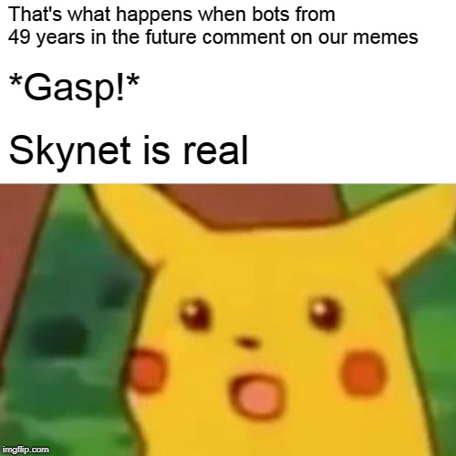 Surprised Pikachu Meme | That's what happens when bots from 49 years in the future comment on our memes *Gasp!* Skynet is real | image tagged in memes,surprised pikachu | made w/ Imgflip meme maker