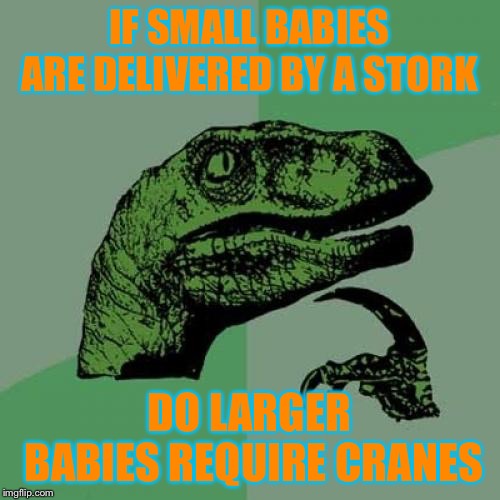 https://imgflip.com/m/Events-Stream |  IF SMALL BABIES ARE DELIVERED BY A STORK; DO LARGER BABIES REQUIRE CRANES | image tagged in memes,philosoraptor | made w/ Imgflip meme maker
