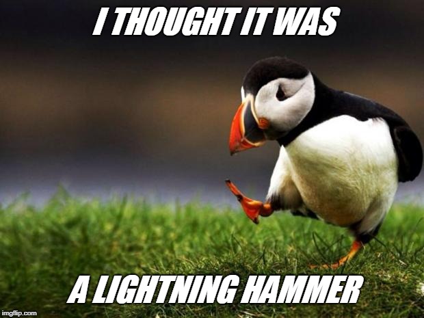 Unpopular Opinion Puffin Meme | I THOUGHT IT WAS A LIGHTNING HAMMER | image tagged in memes,unpopular opinion puffin | made w/ Imgflip meme maker