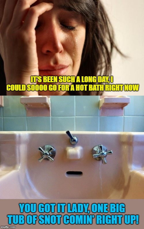 Bath water or Snot? | IT'S BEEN SUCH A LONG DAY, I COULD SOOOO GO FOR A HOT BATH RIGHT NOW; YOU GOT IT LADY, ONE BIG TUB OF SNOT COMIN' RIGHT UP! | image tagged in memes,first world problems,pareidolia,funny | made w/ Imgflip meme maker
