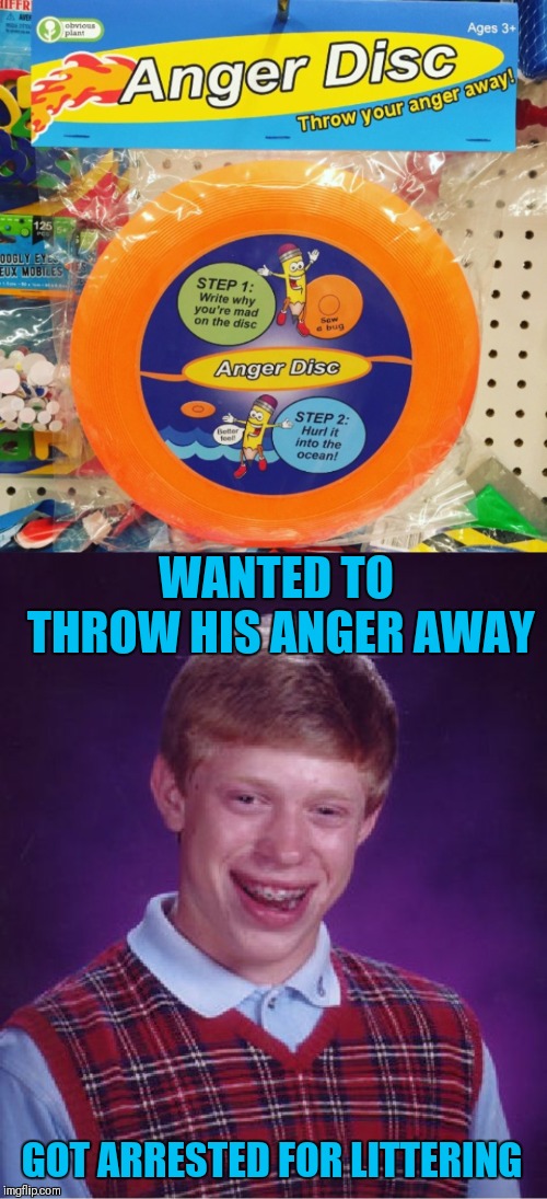 Anger Disk | WANTED TO THROW HIS ANGER AWAY; GOT ARRESTED FOR LITTERING | image tagged in memes,bad luck brian,funny,littering,ocean,frisbee | made w/ Imgflip meme maker
