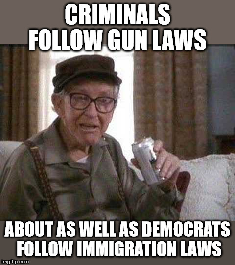 CRIMINALS FOLLOW GUN LAWS; ABOUT AS WELL AS DEMOCRATS FOLLOW IMMIGRATION LAWS | image tagged in grumpy man | made w/ Imgflip meme maker