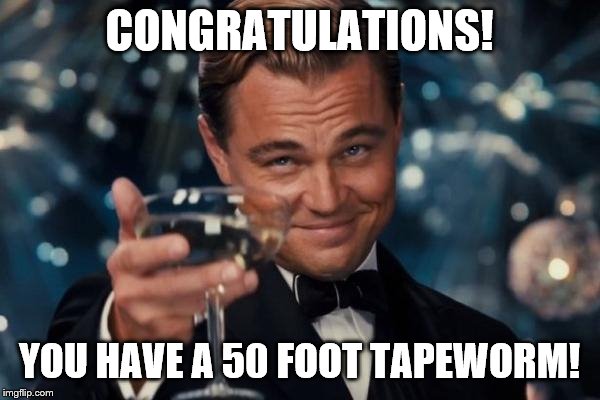 Leonardo Dicaprio Cheers Meme | CONGRATULATIONS! YOU HAVE A 50 FOOT TAPEWORM! | image tagged in memes,leonardo dicaprio cheers | made w/ Imgflip meme maker