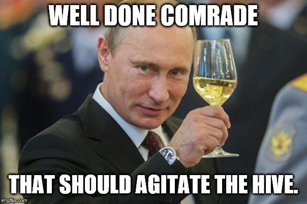 Putin Cheers | WELL DONE COMRADE THAT SHOULD AGITATE THE HIVE. | image tagged in putin cheers | made w/ Imgflip meme maker