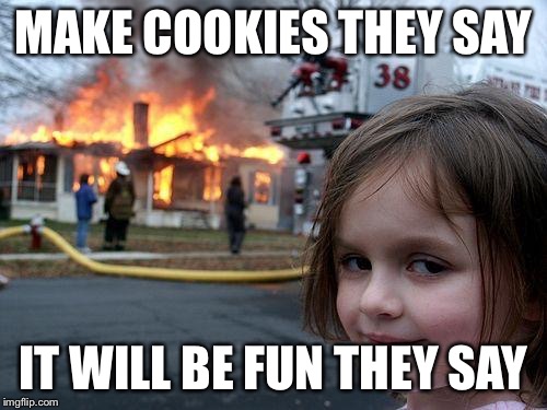 Disaster Girl | MAKE COOKIES THEY SAY; IT WILL BE FUN THEY SAY | image tagged in memes,disaster girl | made w/ Imgflip meme maker