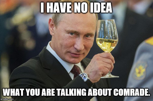 Putin Cheers | I HAVE NO IDEA WHAT YOU ARE TALKING ABOUT COMRADE. | image tagged in putin cheers | made w/ Imgflip meme maker