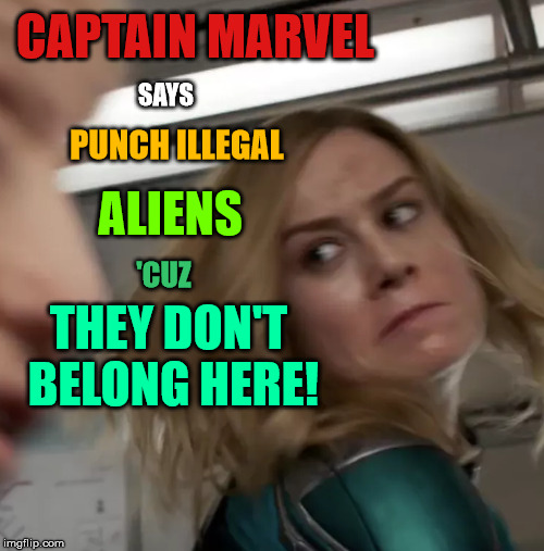 CAPTAIN MARVEL; SAYS; PUNCH ILLEGAL; ALIENS; 'CUZ; THEY DON'T BELONG HERE! | made w/ Imgflip meme maker