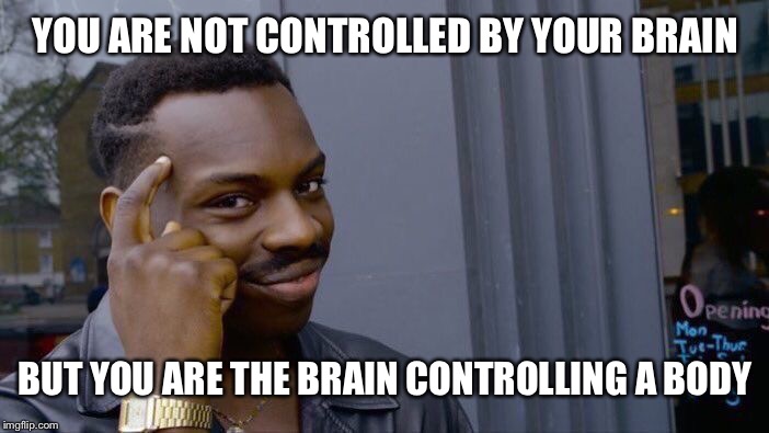 Roll Safe Think About It | YOU ARE NOT CONTROLLED BY YOUR BRAIN; BUT YOU ARE THE BRAIN CONTROLLING A BODY | image tagged in memes,roll safe think about it | made w/ Imgflip meme maker