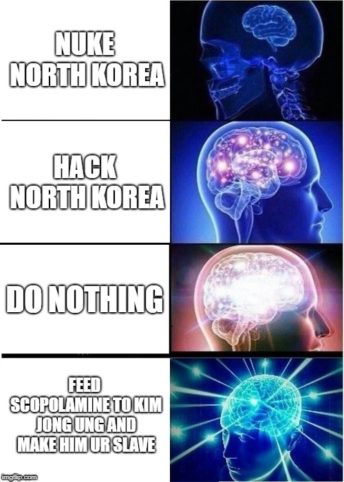 Expanding Brain | NUKE NORTH KOREA; HACK NORTH KOREA; DO NOTHING; FEED SCOPOLAMINE TO KIM JONG UNG AND MAKE HIM UR SLAVE | image tagged in memes,expanding brain | made w/ Imgflip meme maker
