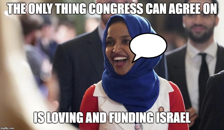 Rep. Ilhan Omar | THE ONLY THING CONGRESS CAN AGREE ON; IS LOVING AND FUNDING ISRAEL | image tagged in rep ilhan omar | made w/ Imgflip meme maker