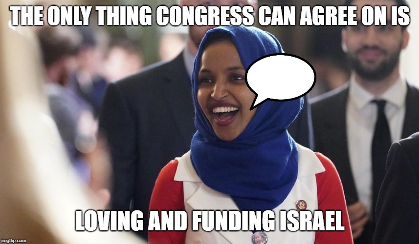 Rep. Ilhan Omar | THE ONLY THING CONGRESS CAN AGREE ON IS; LOVING AND FUNDING ISRAEL | image tagged in rep ilhan omar | made w/ Imgflip meme maker