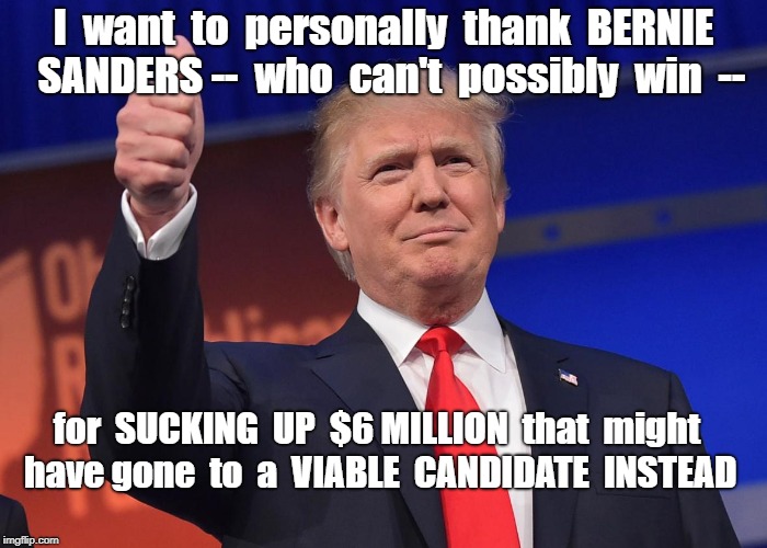 TRUMP CONGRATULATES BERNIE | I  want  to  personally  thank  BERNIE  SANDERS -- 
who  can't  possibly  win  --; for  SUCKING  UP  $6 MILLION  that  might  have gone  to  a  VIABLE  CANDIDATE  INSTEAD | image tagged in donald trump,bernie sanders 2020,2020 elections,democrats,rick75230,political meme | made w/ Imgflip meme maker