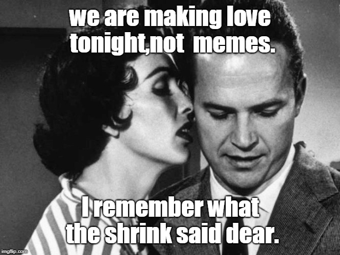 sometimes you may need counseling when the meme need is strong. right dear ?  | we are making love tonight,not  memes. I remember what the shrink said dear. | image tagged in memes,fun couple,make love not memes,marital relations | made w/ Imgflip meme maker